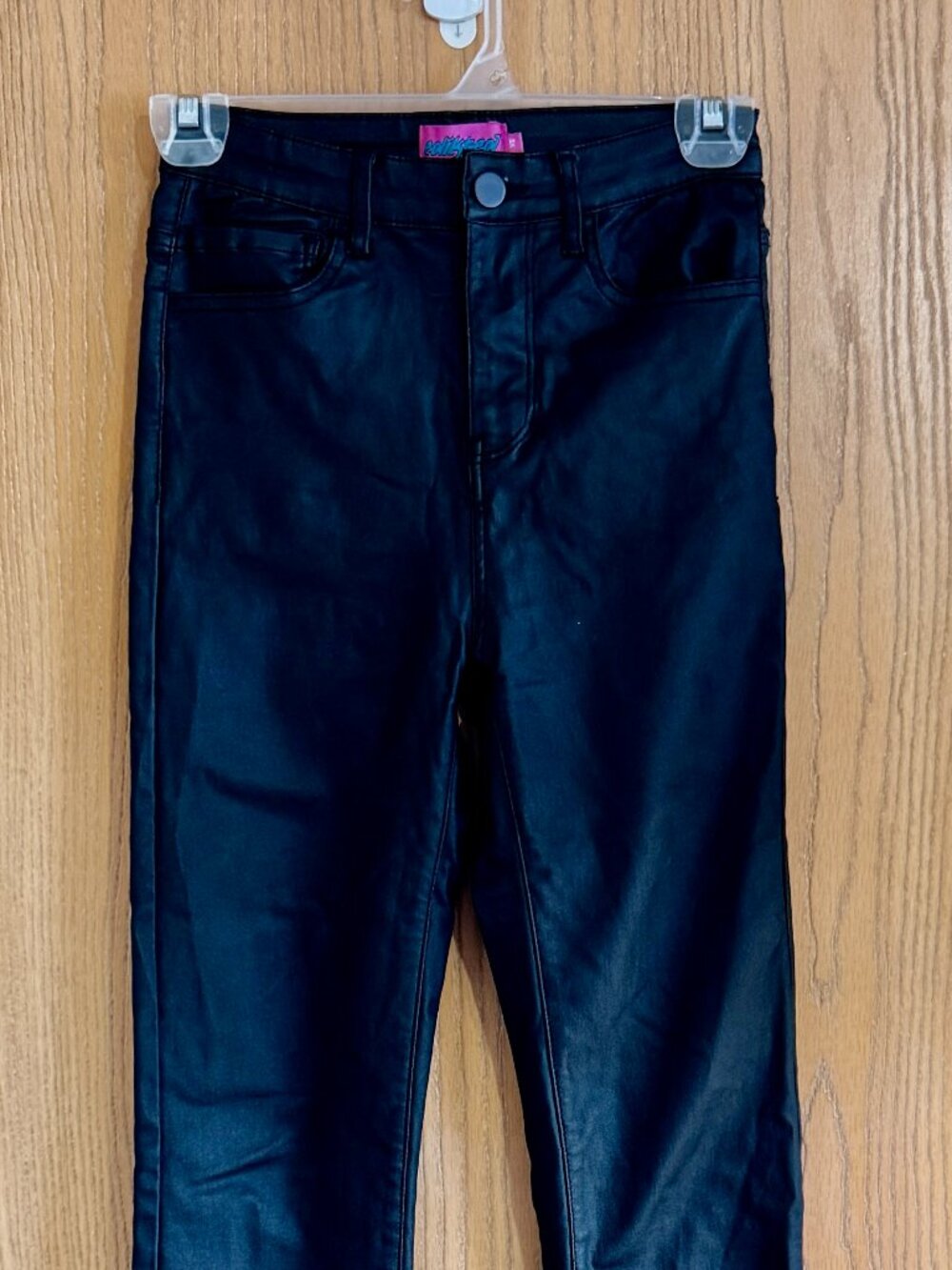 Edikted Luna Faux Leather Flare Jeans in Black Size XS